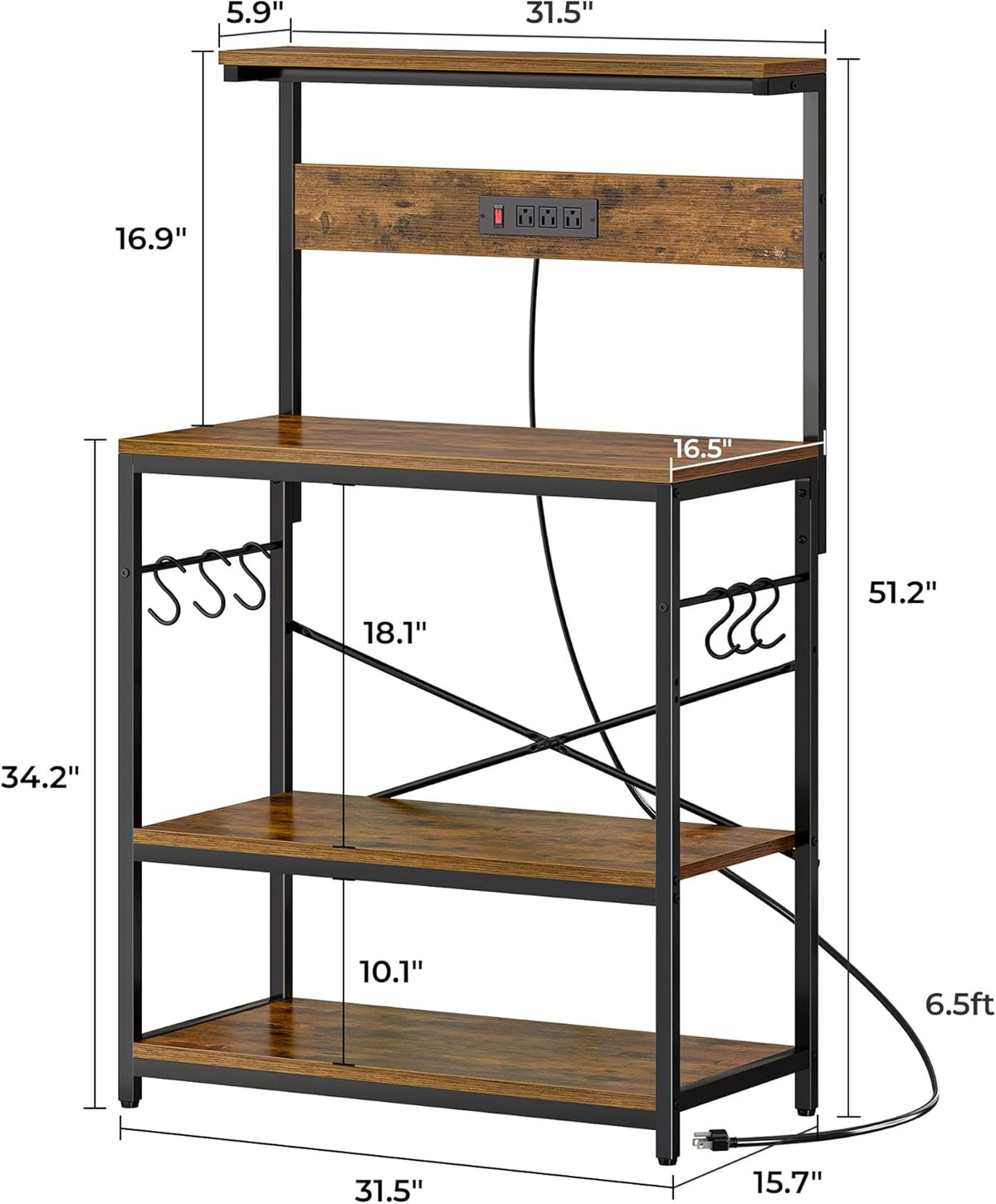 SUPERJARE Kitchen Bakers Rack with Power Outlet, Coffee Bar Table 4 Tiers, Kitchen Microwave Stand with 6 S-shaped Hooks, Storage Shelf Rack for Spices, Pots and Pans - Rustic Brown