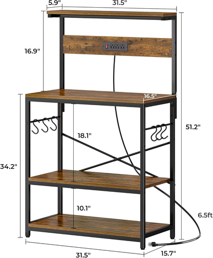 SUPERJARE Kitchen Bakers Rack with Power Outlet, Coffee Bar Table 4 Tiers, Kitchen Microwave Stand with 6 S-shaped Hooks, Storage Shelf Rack for Spices, Pots and Pans - Rustic Brown