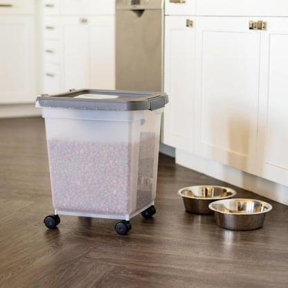 IRIS USA Airtight Dog Food Storage Container, WeatherPro, Up to 50 lbs, Removable Wheels, for Dog Cat Bird and Other Pet Food Storage Bin, Keep Fresh, Translucent Body, Made in USA, Clear/Gray