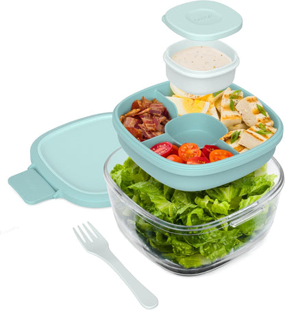 Bentgo Glass Prints Salad Container - 7.6-Cup Tinted Glass Salad Bowl with Airtight Lid, Leak-Proof Sauce Container, 4-Compartment Bento Meal Prep Tray & Reusable Fork (Floral Maximalist - Sea)