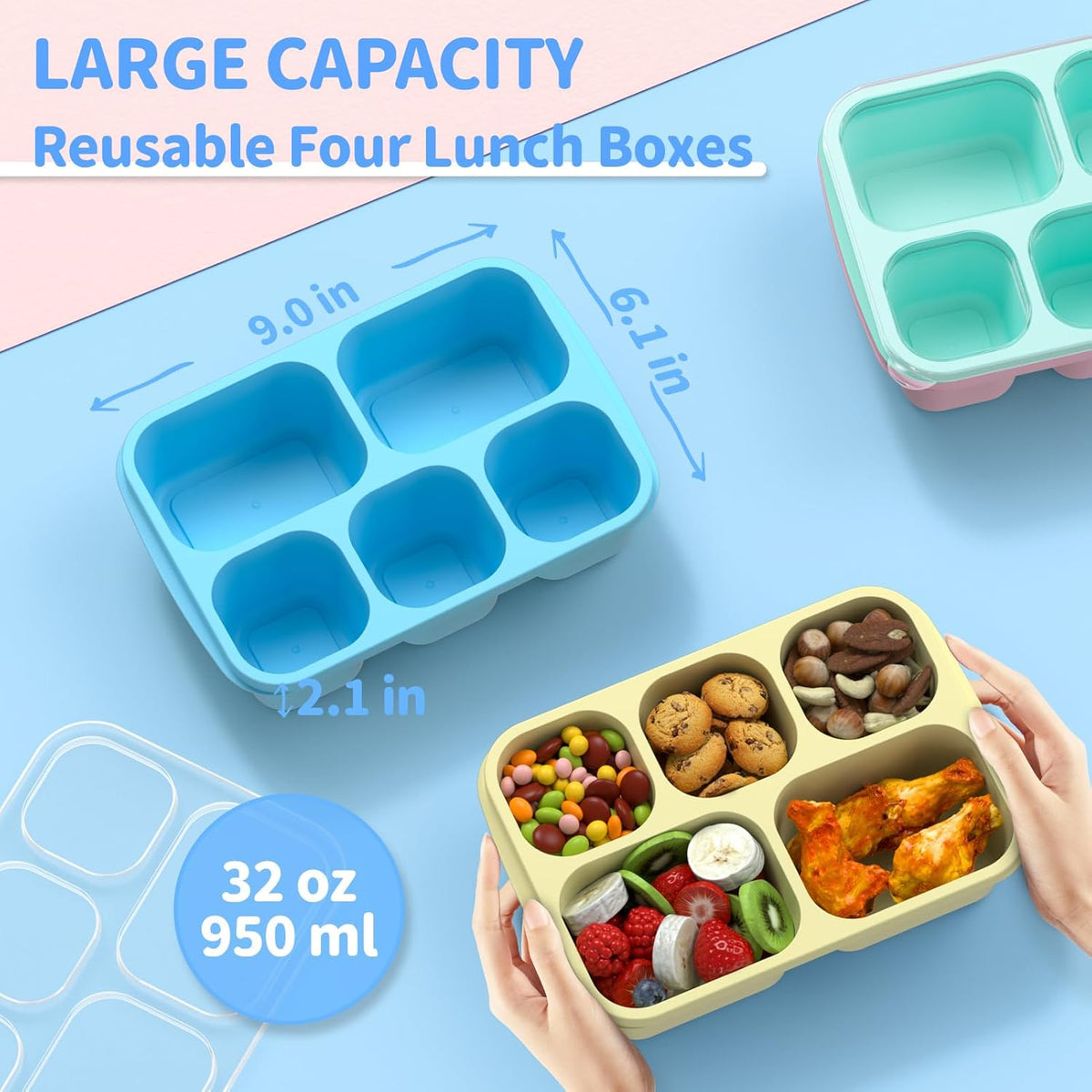 Bento Box Adult Lunch Box - 4 Pack, 5 - Compartment Meal Prep Container for Kids, Reusable Food Storage Snack Containers - Stackable for School, Work, and Travel (Wheat(Green/Blue/Pink/Beige))