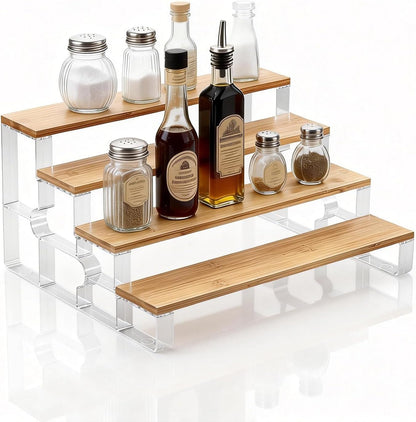 junyuan Spice Rack Organizer for Cabinet,3 Tier Spice Organization for Kitchen,Bathroom Organizers and Storage,Seasoning Countertop Shelf,Bamboo Display Shelves Racks,Clear 11.2"