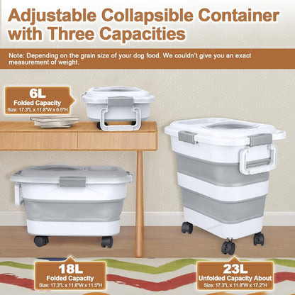 Dog Food Storage Container，10-25 lbs Airtight Collapsible Cat Food Storage Container with Attachable Wheels, Portable Handle, Dog Food Scoop for Dog Cat Bird Pet Dry Food Storage Bin Dark Grey
