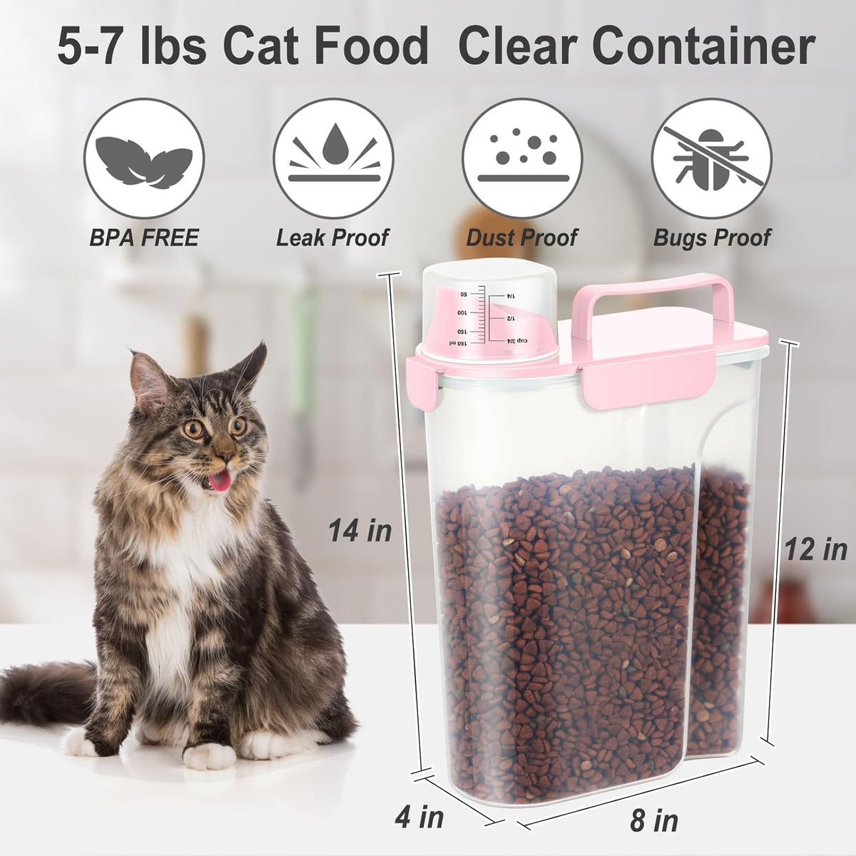 Dog Cat Food Storage Container 3-5lb, Pet Food Container Airtight with Large Spout & Cup, BPA-Free Plastic Food Dispenser for Pet Food, Bird Seed, Rice, Flour (Pink (3L-1pack))