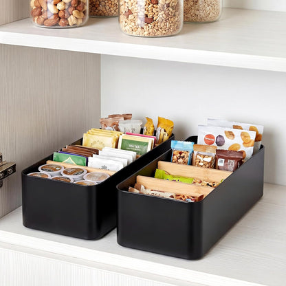 2 Pack Seasoning Packet Organizer Food Storage Organizer & 3 Bamboo Wood Removable Dividers Plastic Bins Caddy for Spice Snacks Pouches Spice Organization for Cabinet Kitchen(White)