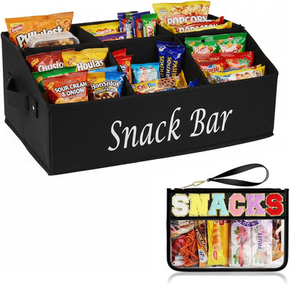 Snack Organizer with Snack Bag, Fabric Snack Basket with Handles, 6 Compartments Snack Container Storage, Clear Snack Bag for Travel Waterproof, Kitchen Pantry Organizer and Storage - Black