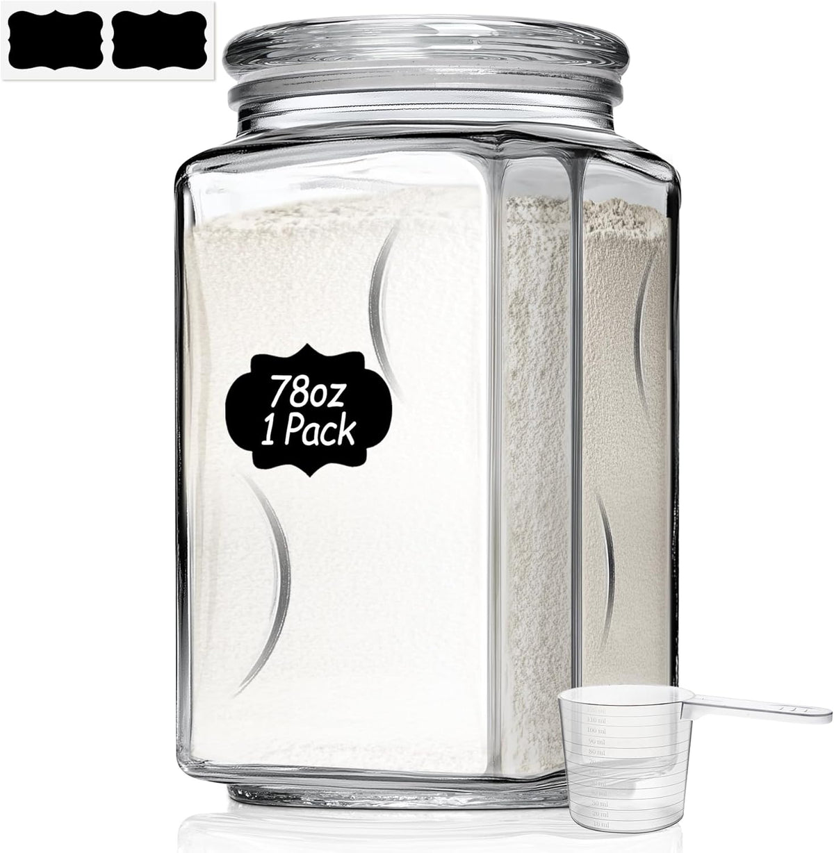 ComSaf 64 oz Glass Flour and Sugar Storage Containers Set of 2, Wide Mouth 1/2 Gallon Square Airtight Pantry Jars with Lids, Space-Saving Minimalist Kitchen Organization
