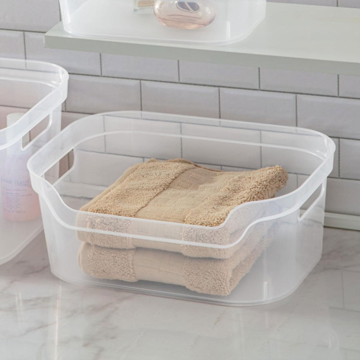 Sterilite 7 x 11 x 14.25 Inch Polished Open Scoop Front Storage Bin with Comfortable Carry Through Handles for Household Organization, Clear