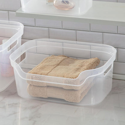 Sterilite 7 x 11 x 14.25 Inch Polished Open Scoop Front Storage Bin with Comfortable Carry Through Handles for Household Organization, Clear