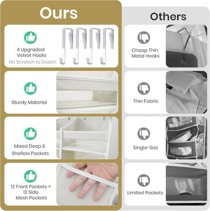 HOMELUX THEORY UPGRADED 6 Tiers Over The Door Organizer Hanging - 100D EXTRA THICK & 50lbs HUGE CAPACITY, 12 Side Mesh Pockets Over The Door Shoe Organizer, Hanging Closet Organizer (Ivory, 1pc)