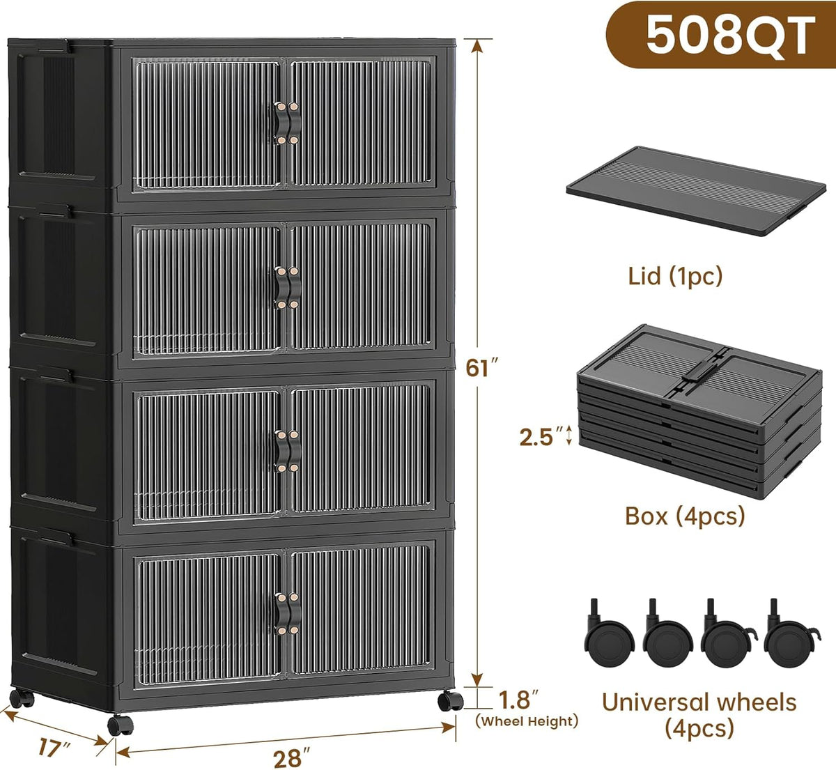 SAILUN 145Gal/580Qt Stackable Storage Bins Folding Collapsible Storage Bins with a Lid, Closet Organizers and Storage,White 26" W x 17" D x 71" H