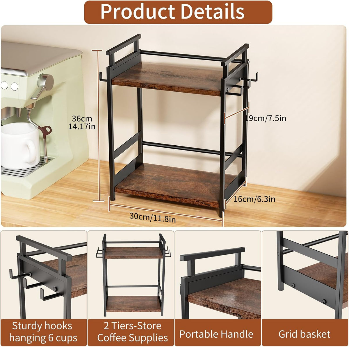 KLM 2 Tier Coffee Bar Organizer for Home Office, Spice Rack for Countertop, Kitchen Counter Storage Shelf with Hanging Basket, Coffee and Tea Condiment Station Organizer