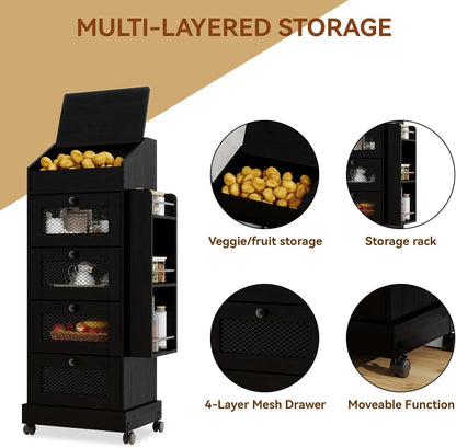 ARTETHYS Potato and Onion Storage Bin for Pantry 5-Tier Rolling Fruit and Vegetable Organizer with Spice Rack on Wheels Movable Large Bread Box Cabinet with 4 Ventilated Drawers for Kitchen, Rustic