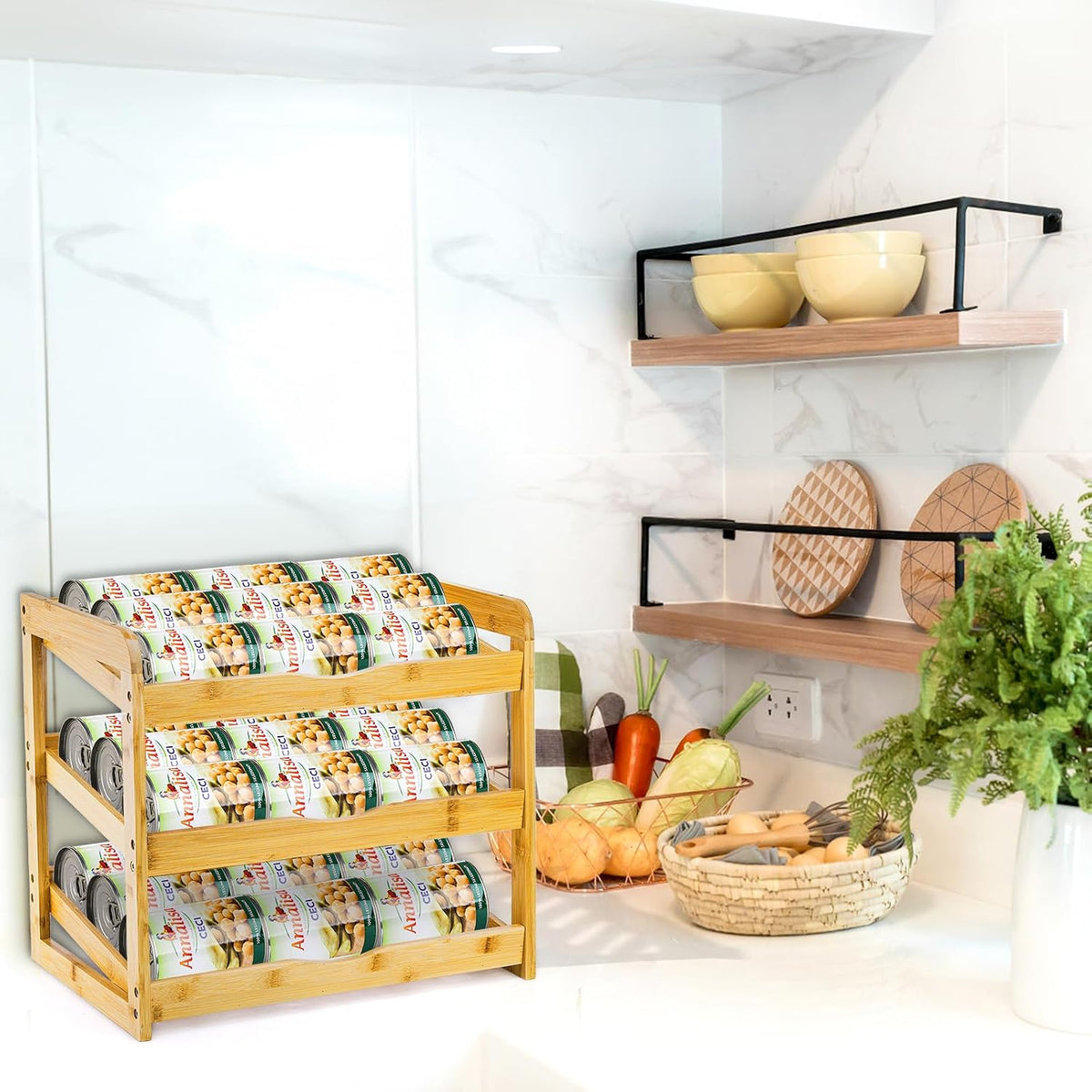 TOPZEA Soda Can Rack Organizer for Pantry, 3 Tier Bamboo Stackable Can Goods Storage Dispenser Shelf Canned Food Holder Stand for Kitchen Coutertop, Cabinet, Hold up to 36 Cans