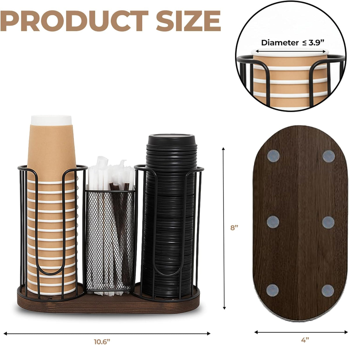 3-Compartment 16oz Coffee Cup & Lid Holder – Countertop Coffee Station Organizer with Wooden Base – Durable Dispenser for Disposable Cups, Lids & Straws
