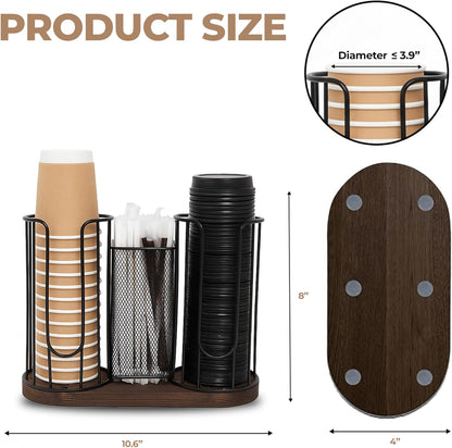 3-Compartment 16oz Coffee Cup & Lid Holder – Countertop Coffee Station Organizer with Wooden Base – Durable Dispenser for Disposable Cups, Lids & Straws