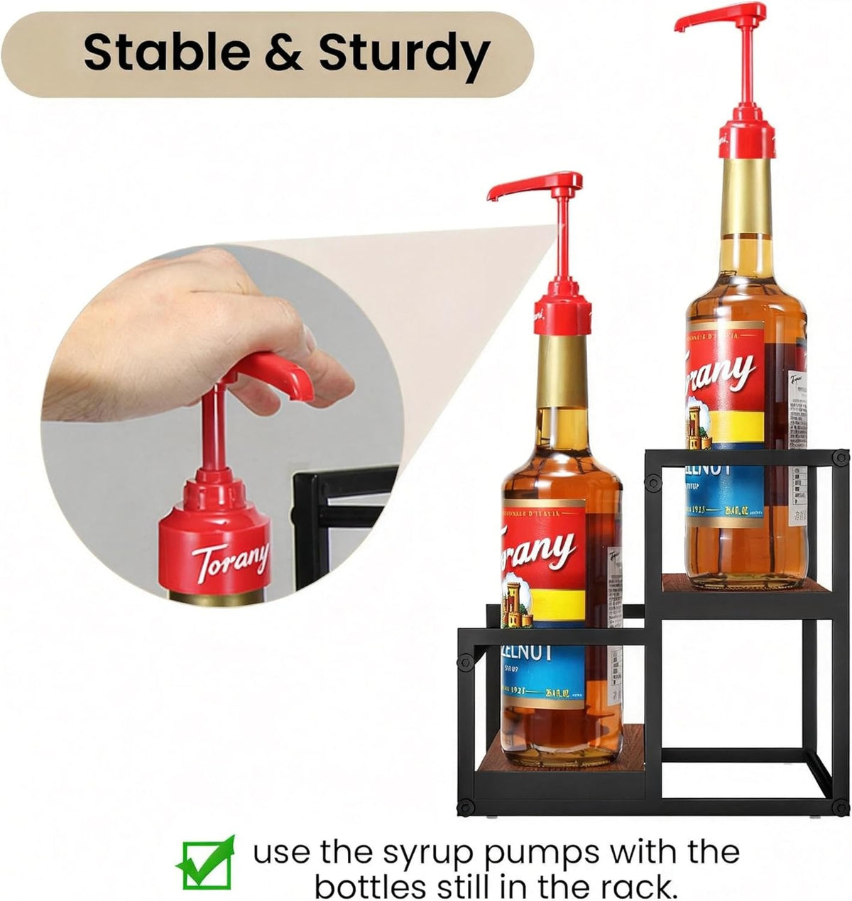 THYGIFTREE Coffee Syrup Rack Organizer 2-Tier 10 Syrup Bottles Holder Stand Metal with Wood Base for Coffee Bar Storage Shelves for Kitchen Countertop Matte Black