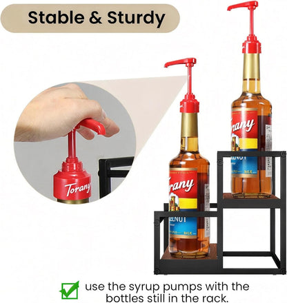 THYGIFTREE Coffee Syrup Rack Organizer 2-Tier 10 Syrup Bottles Holder Stand Metal with Wood Base for Coffee Bar Storage Shelves for Kitchen Countertop Matte Black