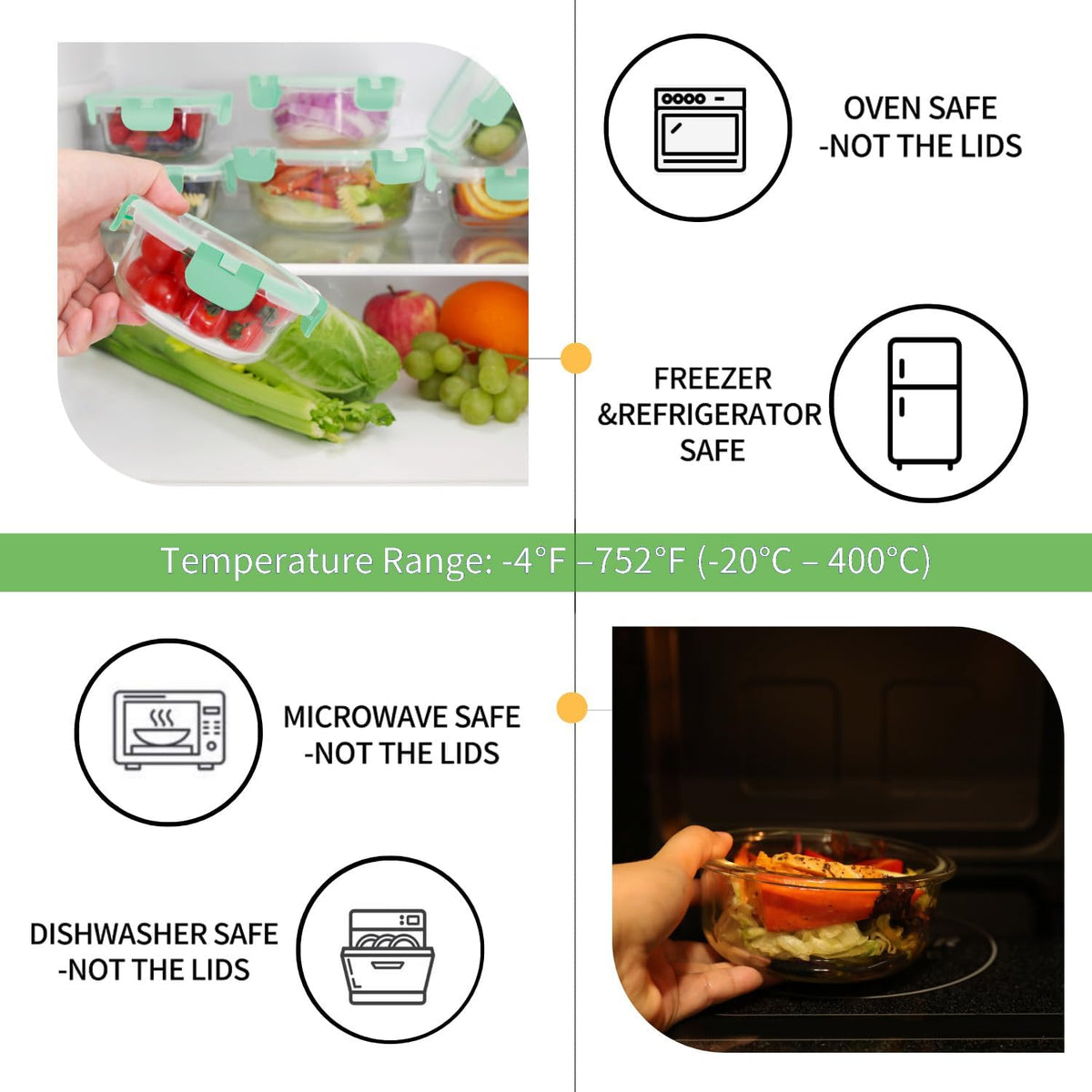 HOMBERKING 18 Piece Glass Food Storage Containers with Lids, Glass Meal Prep Containers, Airtight Lunch Bento Boxes, BPA-Free & Leak Proof, Oven, Freezer and Dishwasher Safe (9 lids & 9 Containers)