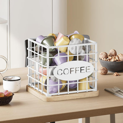 YATINEY Coffee Pod Holder for K Cup, Large Capacity Coffee Pod Organizer, Versatile Coffee Capsule Storage Basket with Wooden Base, White KH10WN