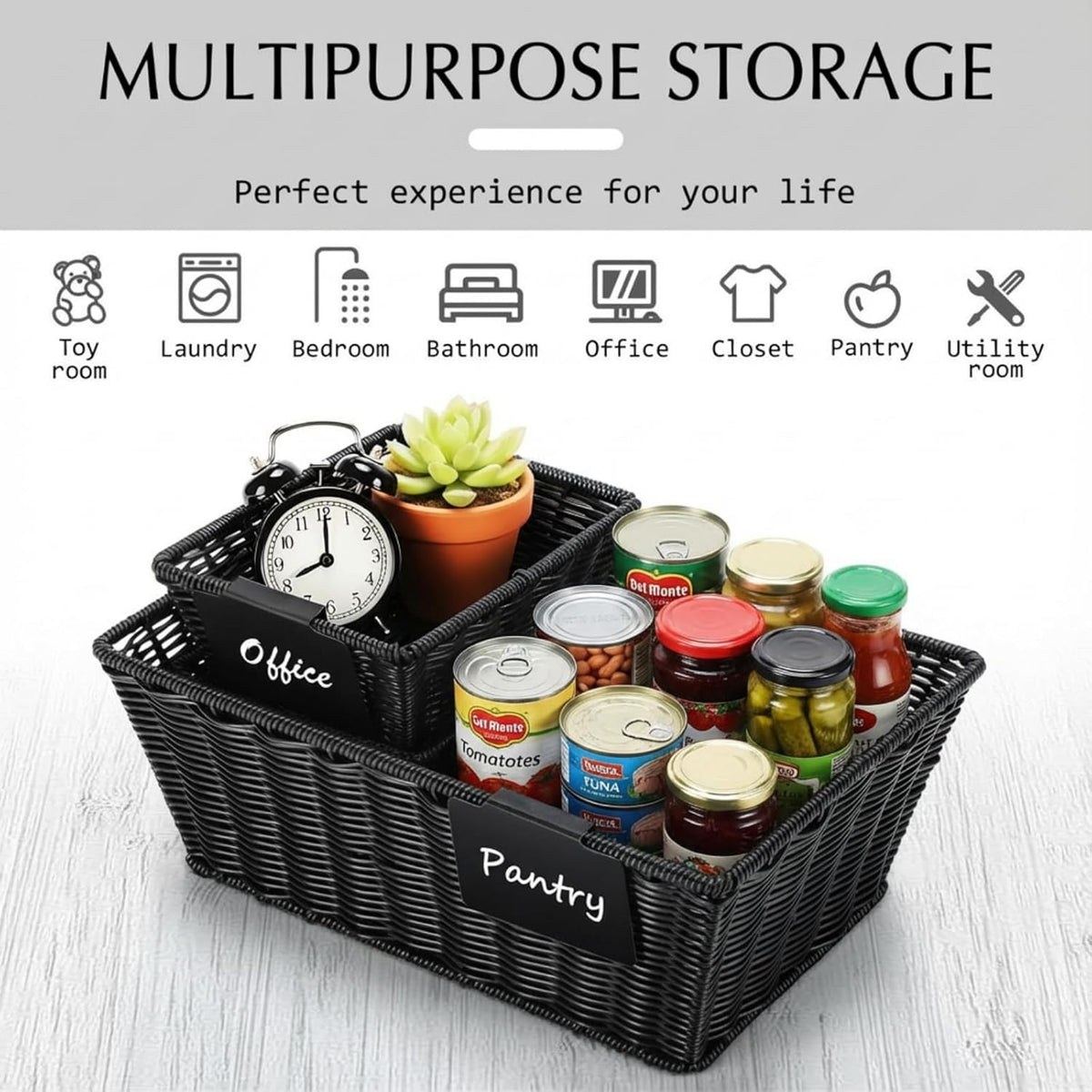 Marsui 6 Pcs Wicker Storage Baskets with Labels Handwoven Multi-size Brown Wicker Storage Bins for Organizing Small Baskets Container for Shelves Closet Pantry Toilet(Brown )