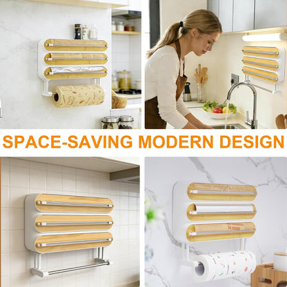 4in1 Plastic Wrap Dispenser with Cutter Aluminum Foil Organizer Wrapping Paper Storage and Kitchen Towel Holder Ideal for Kitchen Organization and Countertop Space Saving