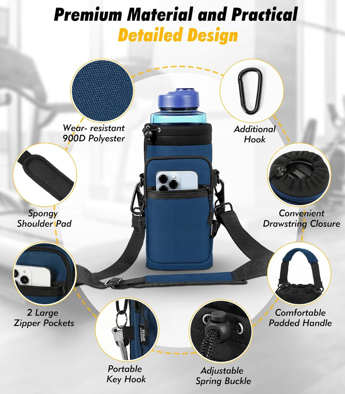 Nuovoware Water Bottle Carrier Bag,25oz/40oz/64oz Bottle Pouch Holder,Adjustable Shoulder Hand Strap 2 Pocket Sling Neoprene Sleeve Sports Accessories for Hiking Travelling Camping