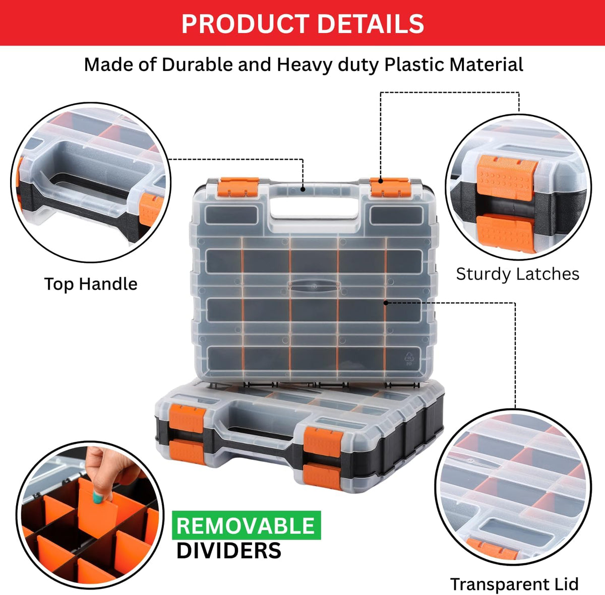 Andalus Tools Organizer Box, Small Parts Storage 34-Compartment Double-Sided Portable Hardware Organizer Removable Plastic Dividers for Screws, Nuts, Bolts, Nails – Orange (12.5" x 10.5" x 3")
