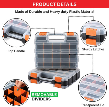 Andalus Tools Organizer Box, Small Parts Storage 34-Compartment Double-Sided Portable Hardware Organizer Removable Plastic Dividers for Screws, Nuts, Bolts, Nails – Orange (12.5" x 10.5" x 3")