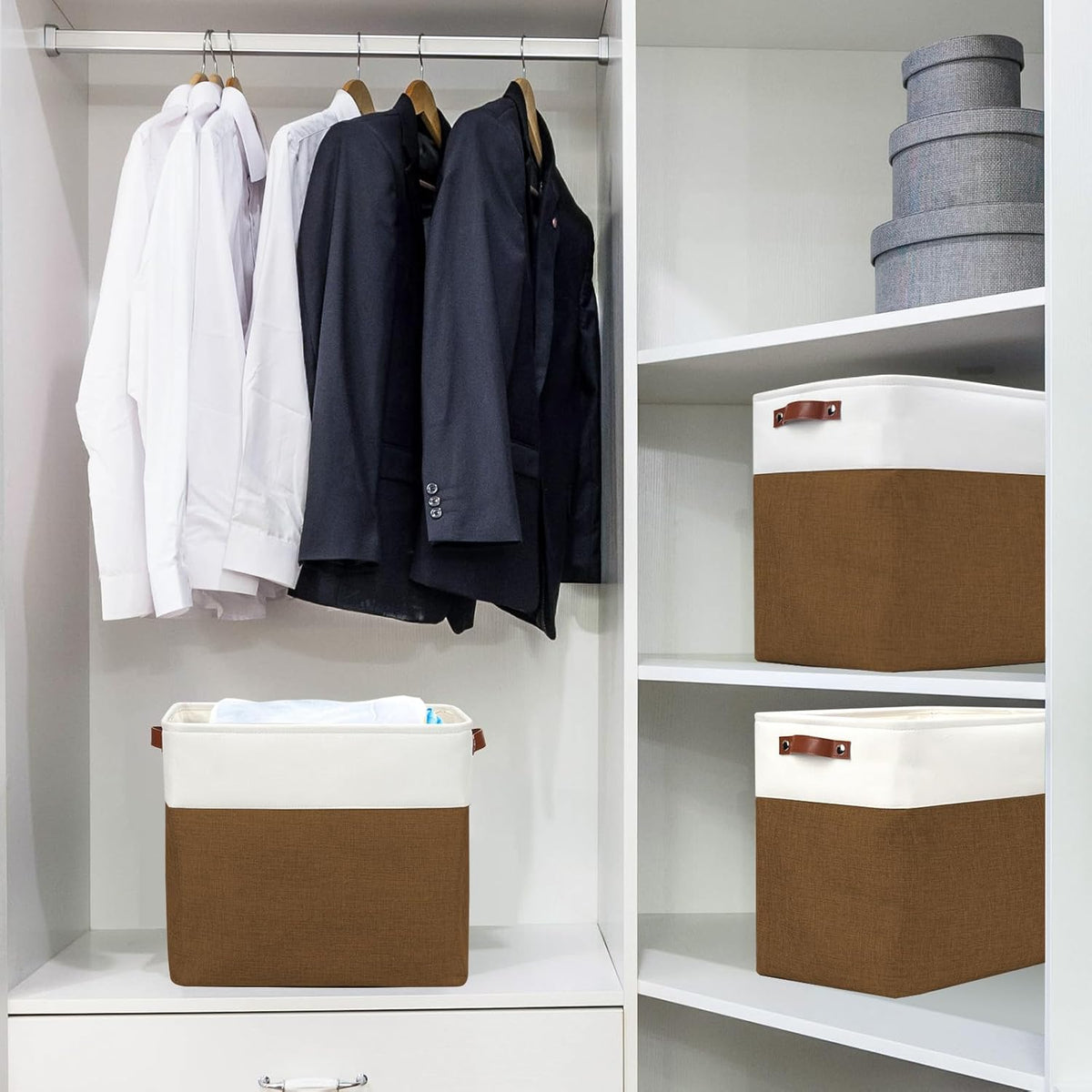 Bagnizer Large Fabric Storage Baskets | 50L Storage Bins, Decorative Linen Closet Baskets with Handles for Organizing, Shelf, Toys, Clothes, Home, Office, Nursery, 17x12x15Inches (Grey&White)