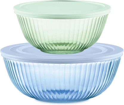 Pyrex Colors Tinted (Full Set) Sculpted Tinted Glass Mixing Bowls With Plastic Lids, Nesting Space Saving Set of Bowls For Prepping and Baking, 1.3QT, 2.3QT & 4.5QT