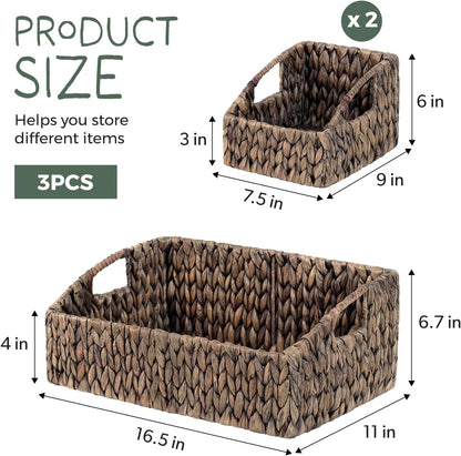 Set of 3 Handwoven Storage Baskets – Decorative Natural Wicker Organizer Bins with Built-in Handles for Bathroom, Kitchen, Pantry, Nursery, Closet, Laundry, Living Room, and Home Use
