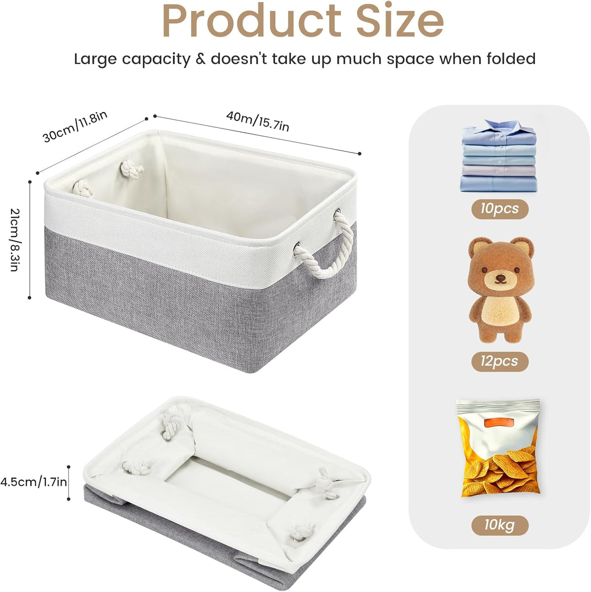 Large Storage Baskets- 15.7x11.8x8.26 inch Storage Bins for Shelves and Closet Organizing, Foldable Fabric Bin for Home Organization Clothes and Laundry (3-Pack, White&Khaki)