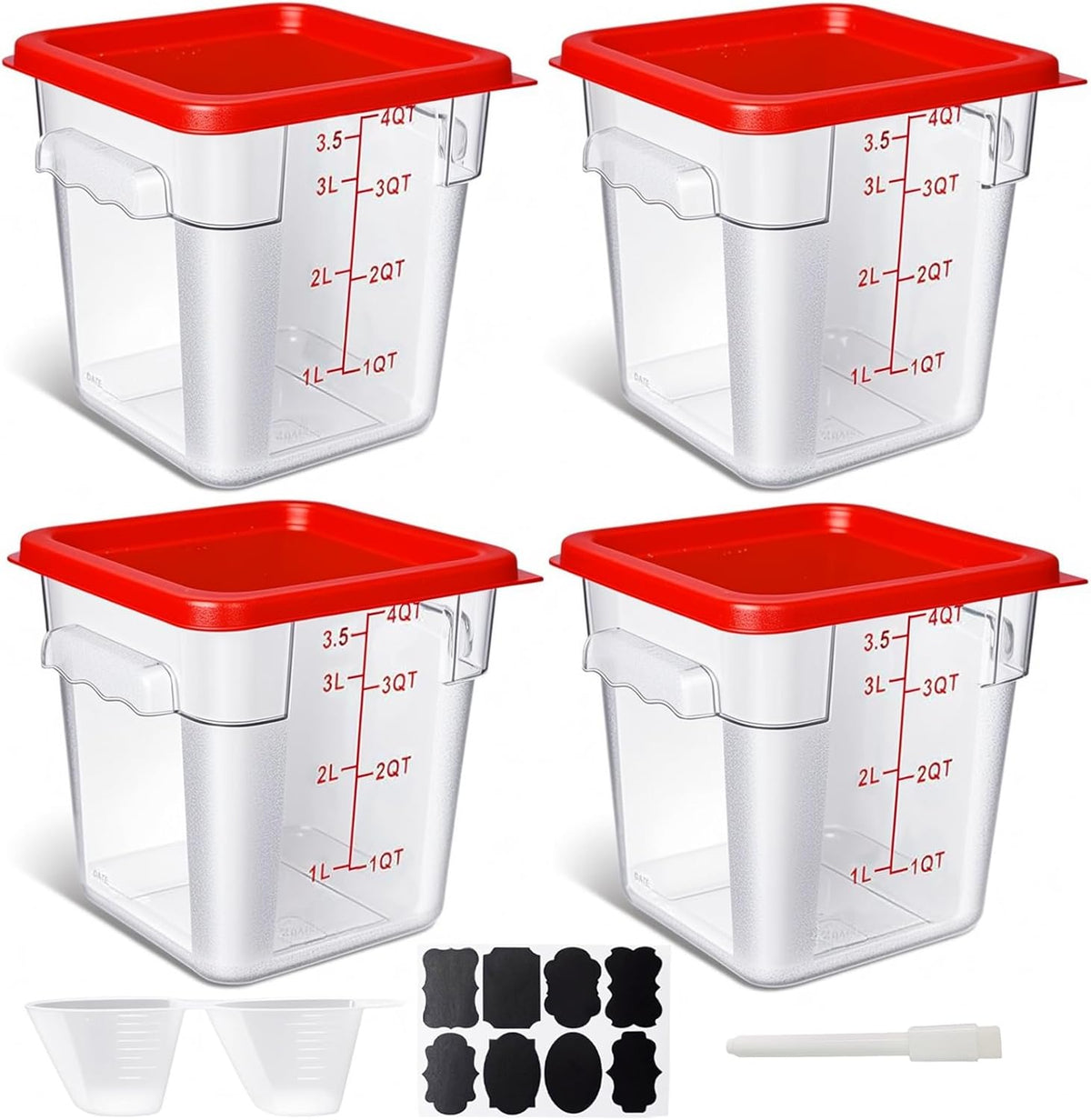 4 Pack 4QT Food Storage Containers with Green Lids, Clear Square Restaurant Commercial Food Storage Containers with Handle and Scale, Marinating Container Dough Rising Bucket for Home & Dining