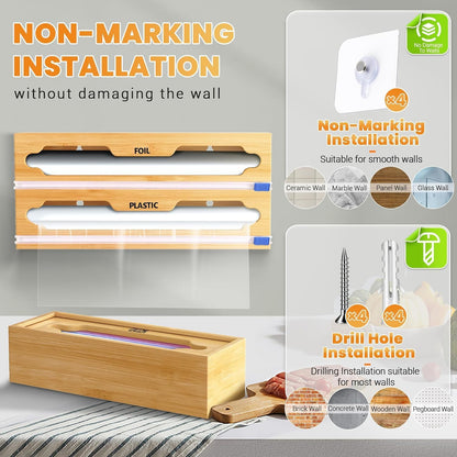6 In 1 Bag Storage Organizer with Foil and Plastic Wrap Organizer, Extended Aluminum Foil Dispenser, Bamboo Baggie Organizer for Drawer, Sandwich Bag Organizer for Gallon, Quart, Snack