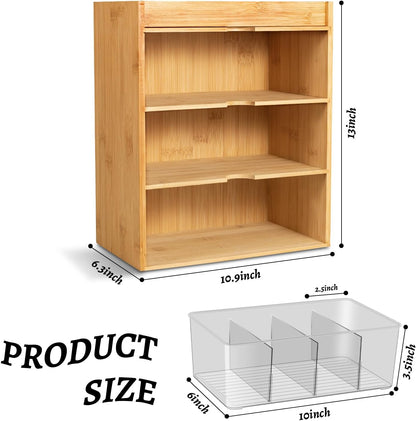 TIMIEEYA Tea Bag Organizer - Bamboo Tea Storage Organizer With Drawer 2 Layer, Tea Organizer for Tea Bags Natural Wood & Acrylic for Countertop Office Kitchen Cabinet Pantry