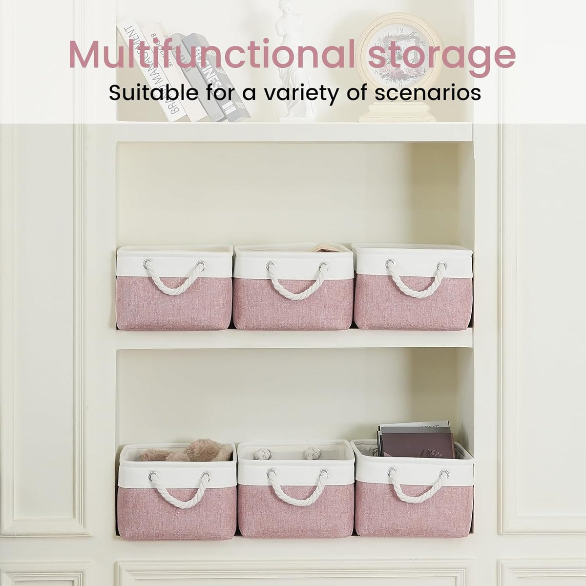 Large Storage Baskets- 15.7x11.8x8.26 inch Storage Bins for Shelves and Closet Organizing, Foldable Fabric Bin for Home Organization Clothes and Laundry (3-Pack, White&Khaki)