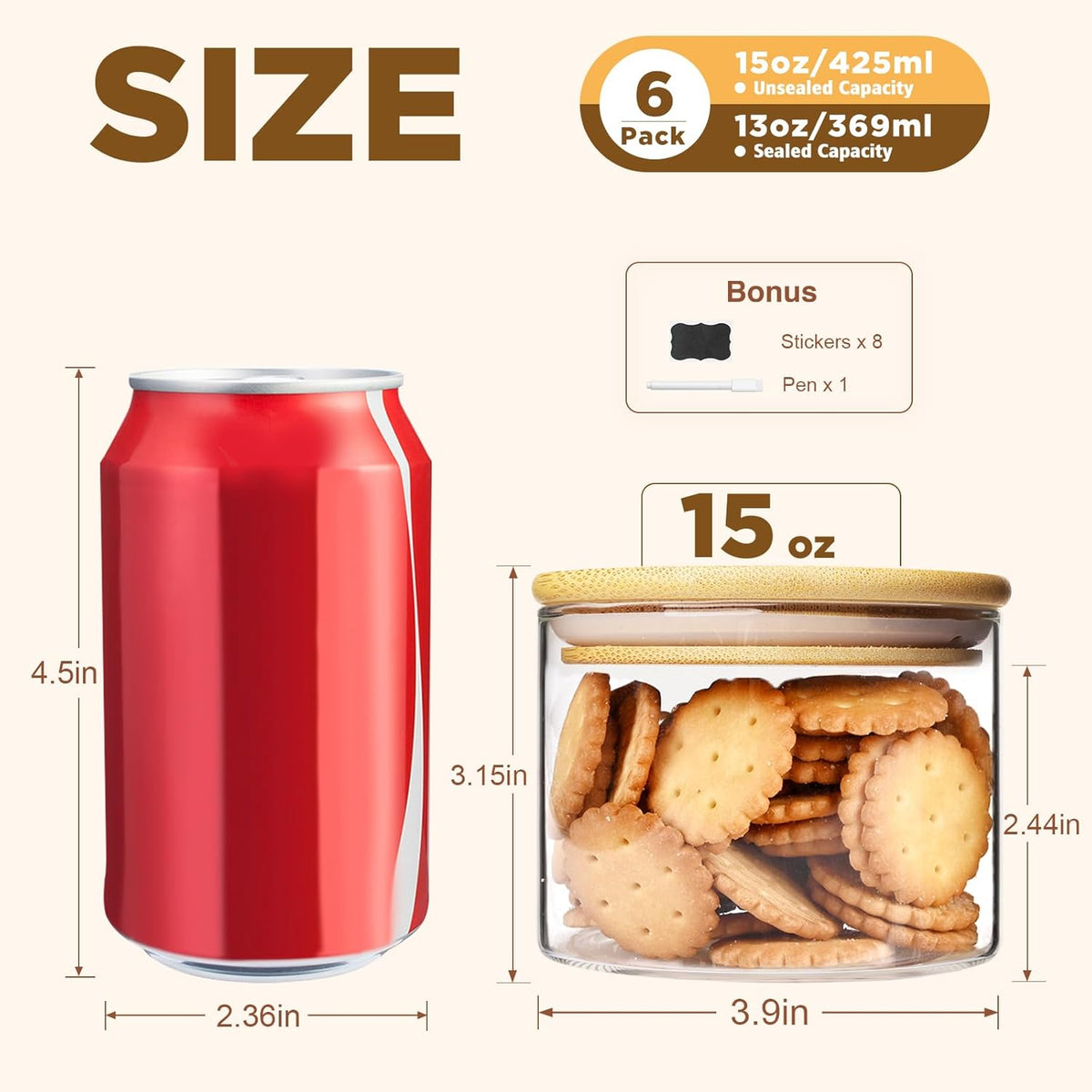 SHOWIN Glass Food Storage Jars Square 37oz, 4 Pack Glass Jars With Bamboo Lids, Kitchen Storage Containers For Spice, Candy, Cookie, Storage For Pantry Organizers