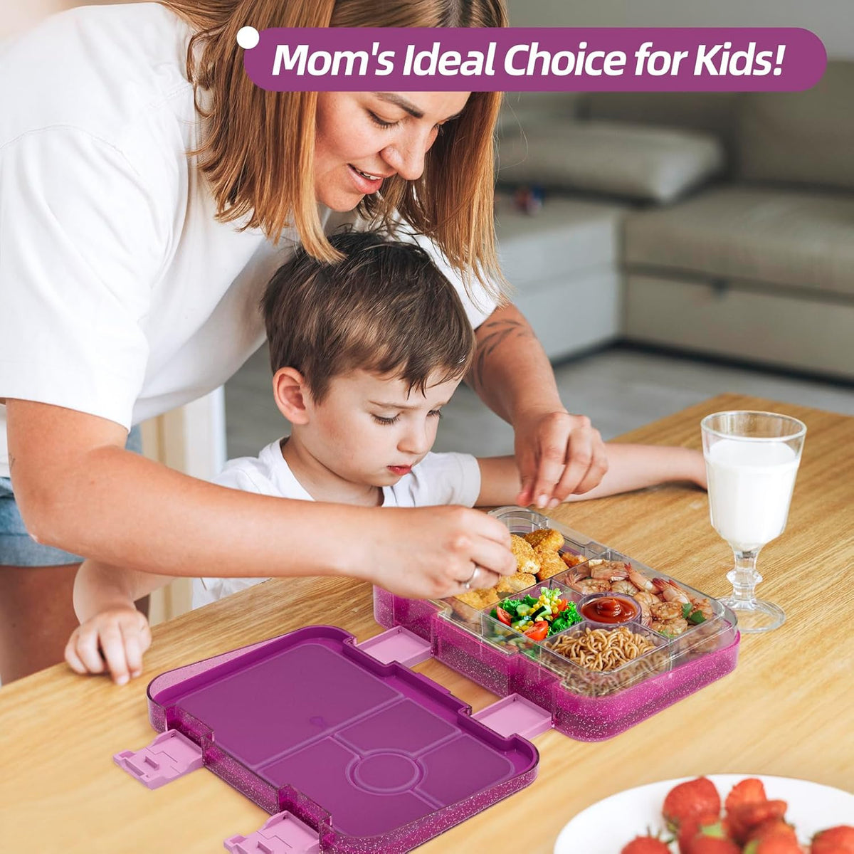 Bento Lunch Box for Kids, 6 Compartments BPA Free, Dishwasher Safe Back to School Snack Bento Lunch Containers Boxes, Ideal Portion Sizes for On-the-Go Meal, Ages 3+, School, Green Patterned