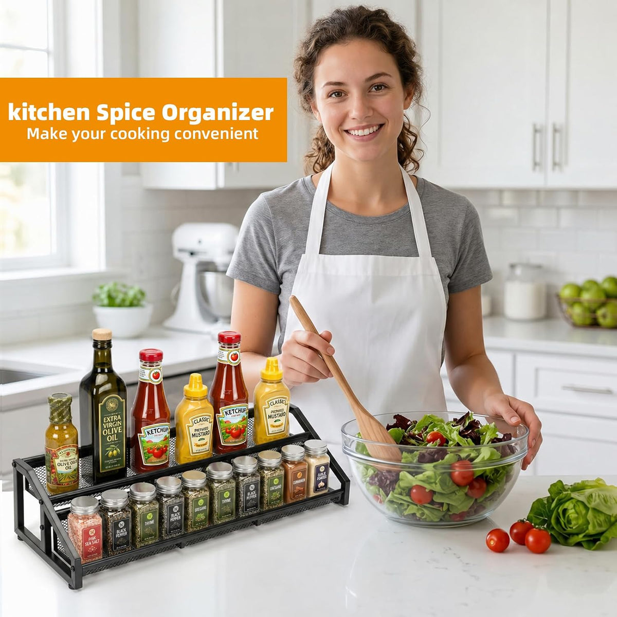 3 Tier Expandable Spice Rack Organizer for Kitchen,13.7"-23.6" Heavy Duty Spice Organization Shelf,Metal Pantry Storage Shelves Racks, Good Space for for Pantry, Counter top,Patent Pending