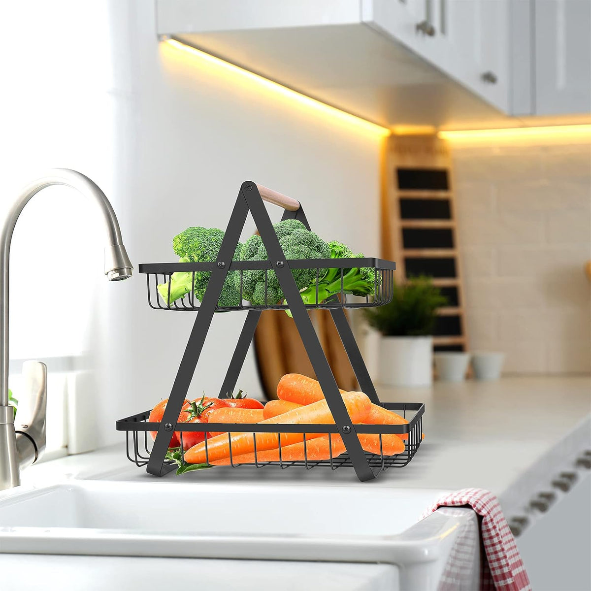 mahueeol 2 Tier Countertop Fruit Basket,Portable Fruit Bowle for Kitchen Organizer Storage & Dining Room Fruits Vegetable Bread Snacks, Detachable Metal Rectangle Basket Storage