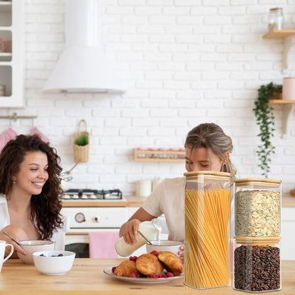 2.2 Qt Square Glass Storage Containers with Lids, Clear Food Storage Container Jar with Sealing Bamboo Lid Storage Containers for Pasta, Oats, Coffee, Flour, Sugar (Square -3Pack)