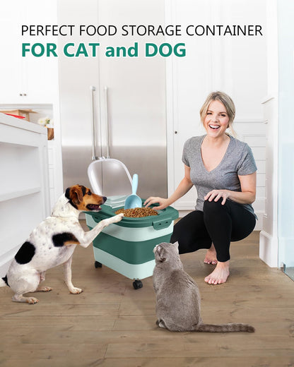ANVS Airtight Collapsible Pet Food Container With Casters, Scoop and Small Container - Keeps Up To 20lbs Dry Dog Food Fresh (Grey)