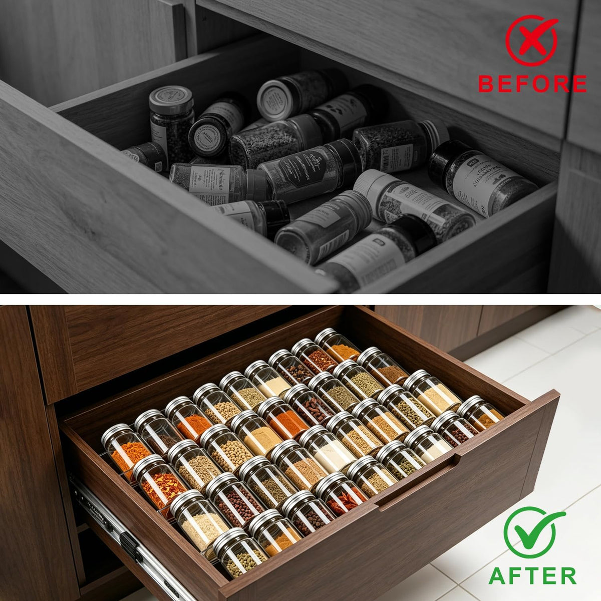 Expandable Acrylic Spice Drawer Organizer – 4-Tier Clear Seasoning Rack Insert for Kitchen Drawers, Adjustable from 9" to 18", Fits Most Spice Jars (Jars Not Included)