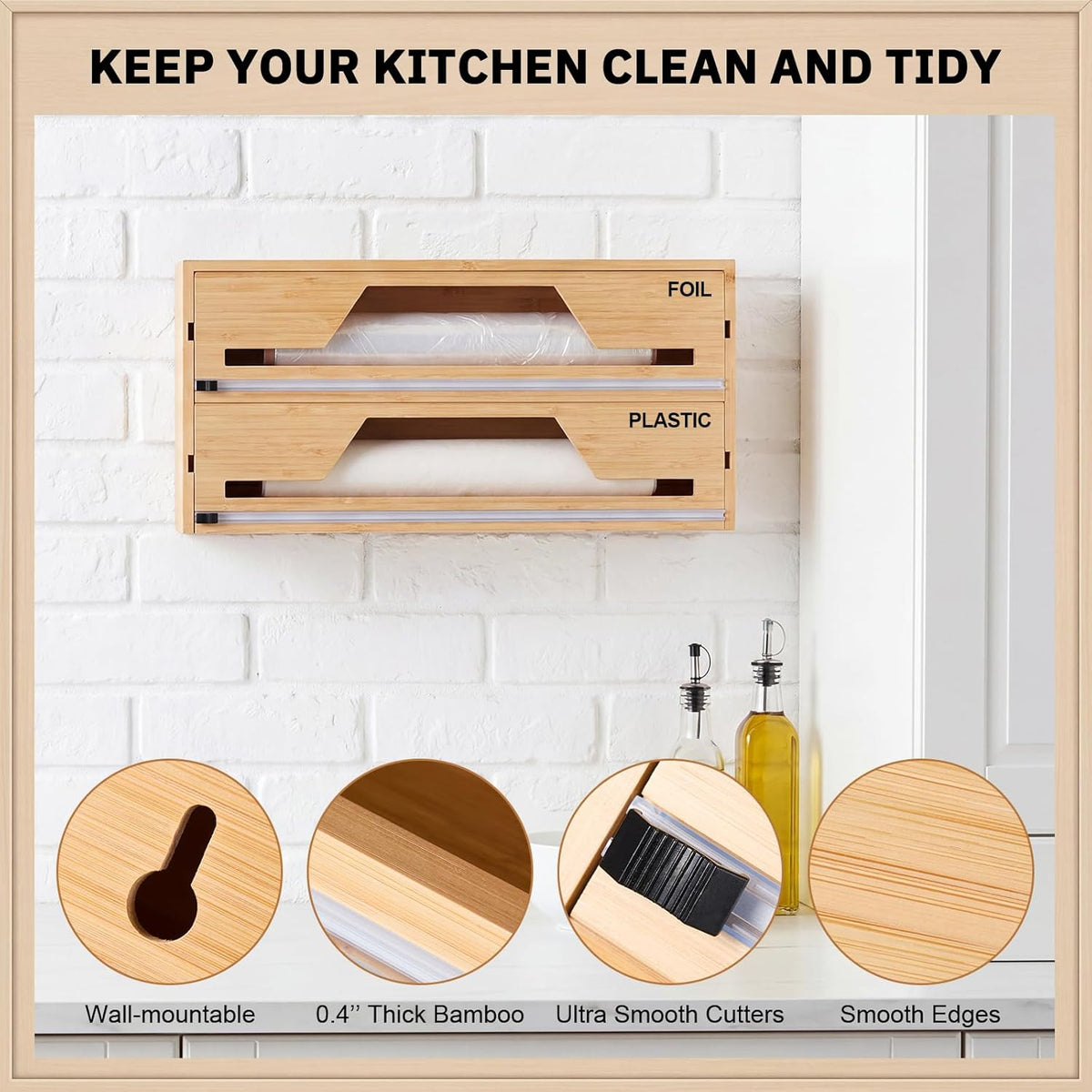 Wesiti 18 Inch Large Plastic Wrap Organizer & Dispenser with Cutter 2 in 1 Aluminum Foil Saran Wrap Butcher Parchment Paper Dispenser Bamboo Wall Mount Tin Wax Cling Organizer for Kitchen Countertop