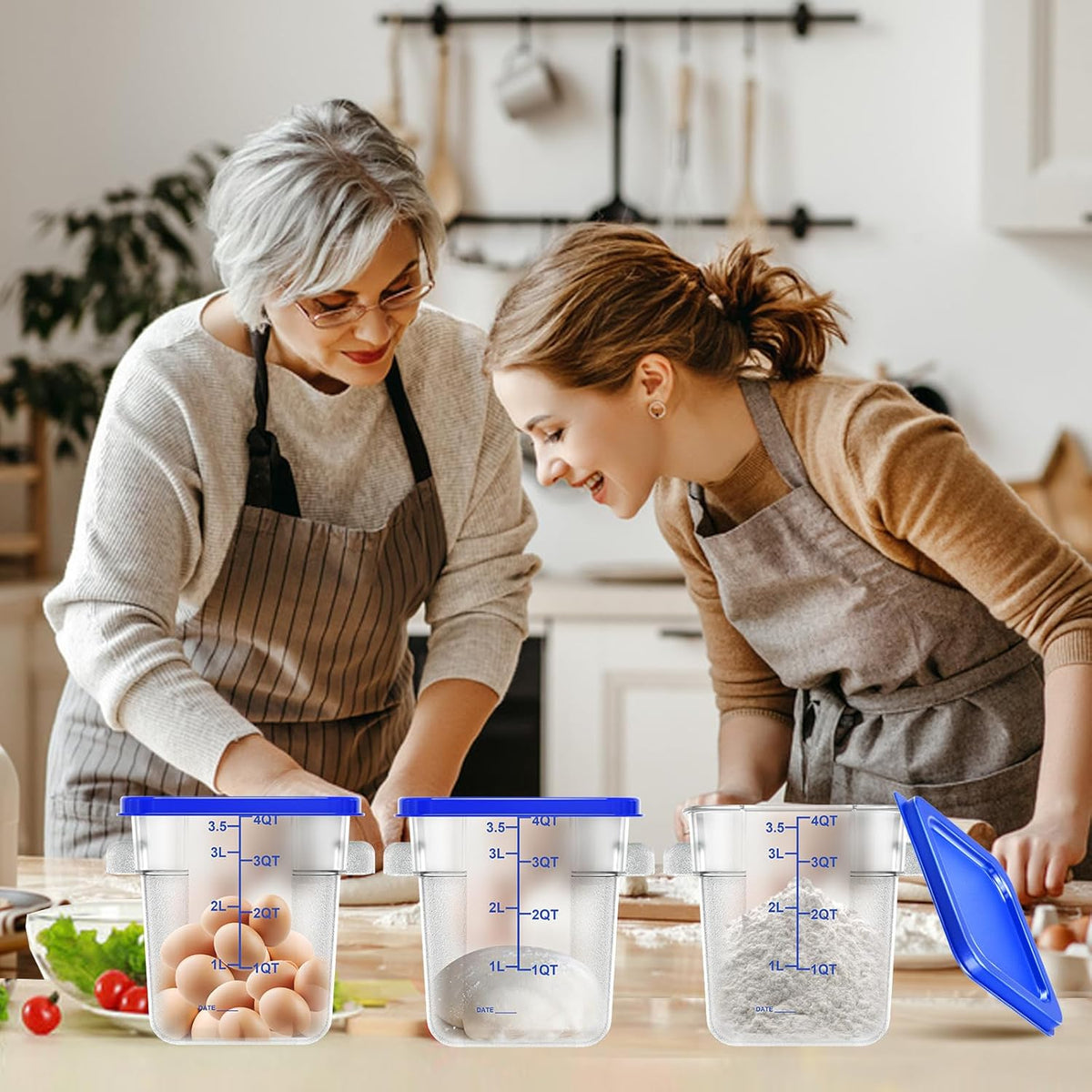 4 pcs 4qt Food Storage Containers with Lid, Square Clear Commercial Food Storage Containers with Handle and Scale for Food Storage in Home Kitchen & Dining (Green)