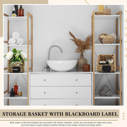 Wonderjune 4 Pcs Water Hyacinth Storage Basket Set Boho Wicker Rattan Pantry Basket with Chalkboard Label Handles Woven Container Kitchen Laundry Large Small for Shelves Food Home Bathroom Decor