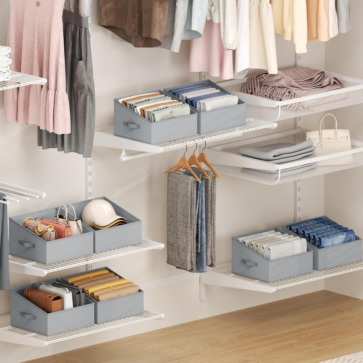 DIMJ Closet Storage Bins - Fabric Storage Baskets for Shelves, Collapsible Closet Organizers and Storage with Handles, Trapezoid Shelf Organization Storage Cubes for Purse, Toys, Books, Towel, Socks