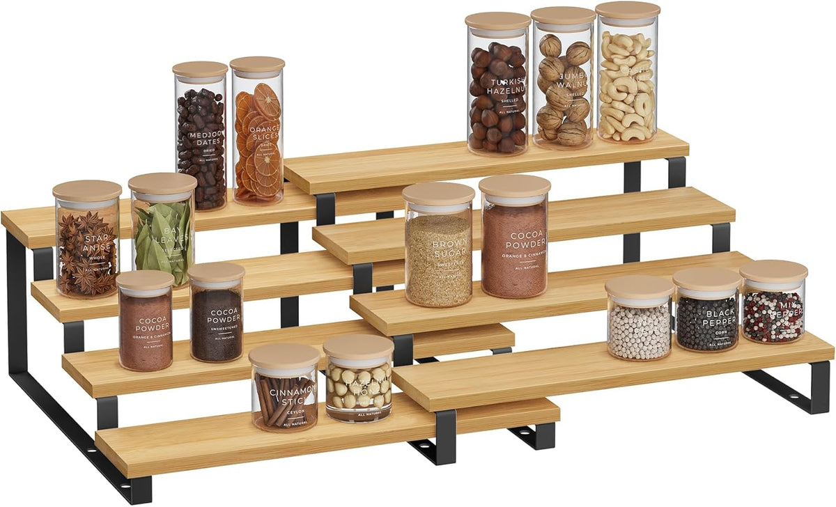 SONGMICS Display Risers, Set of 2 Engineered Wood Perfume Organizer Stand, 4-Tier Cupcake Stand Holder, Spice Rack, Shelf Risers for Figures, Dessert Shelves, Natural Beige and Cloud White UKCS216N02