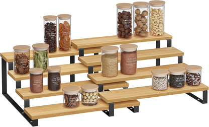 SONGMICS Display Risers, Set of 2 Engineered Wood Perfume Organizer Stand, 4-Tier Cupcake Stand Holder, Spice Rack, Shelf Risers for Figures, Dessert Shelves, Natural Beige and Cloud White UKCS216N02